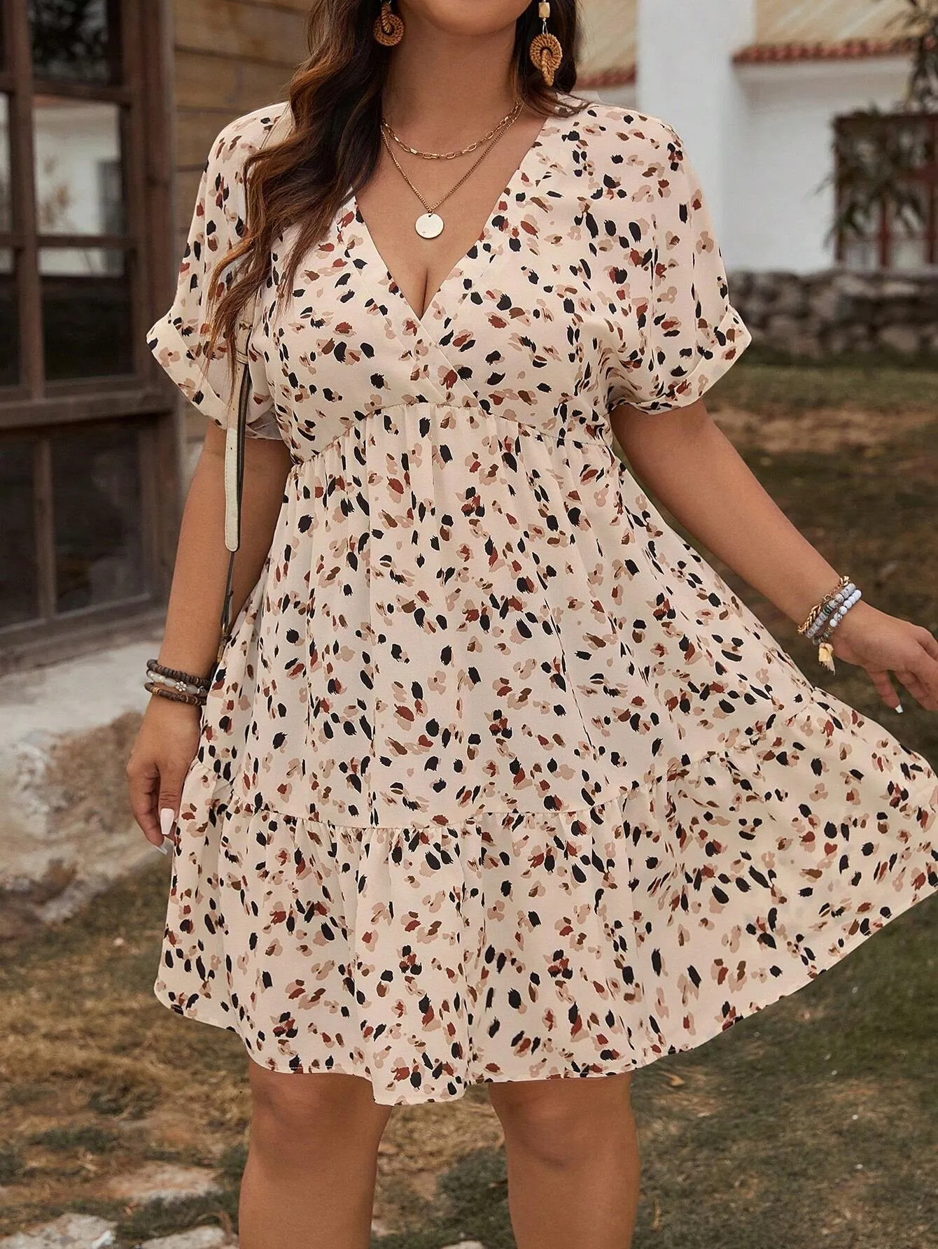 Luneh plus Size V-Neck Short Allover Print Mother Day Dress, Summer