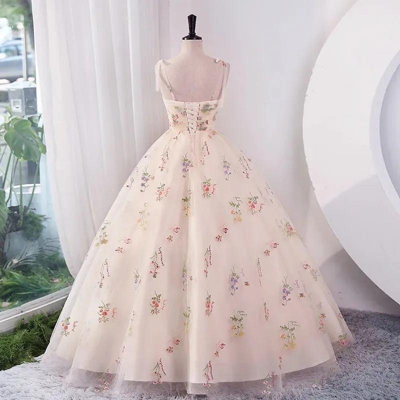 Luxury Floral Embroidery Long Champagne Prom Evening Dresses Women Summer Party Formal Occasions Reception Dresses