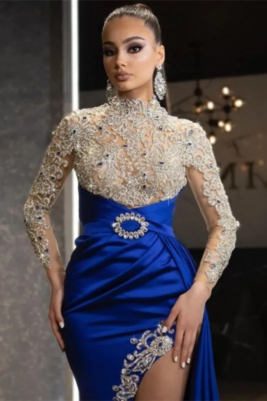 Luxury Halter Royal Blue Satin Mermaid Prom Dress Crystals Gold Appliques Party Dress with Long Sleeves