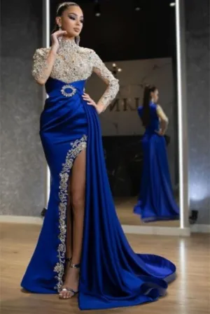 Luxury Halter Royal Blue Satin Mermaid Prom Dress Crystals Gold Appliques Party Dress with Long Sleeves