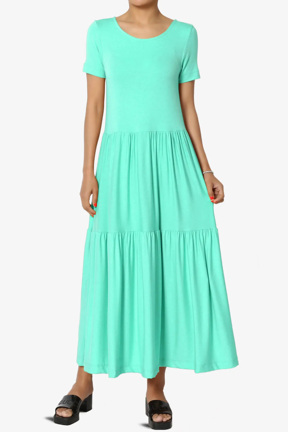 Macie Short Sleeve Tiered Jersey Long Midi Dress