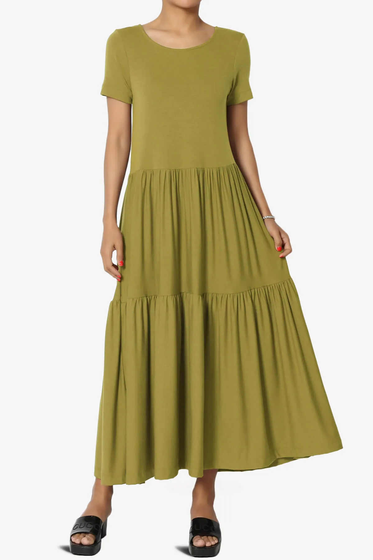 Macie Short Sleeve Tiered Jersey Long Midi Dress