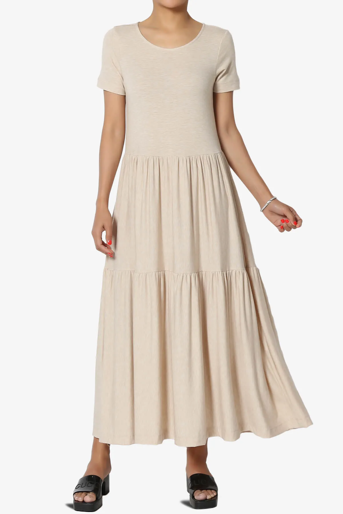 Macie Short Sleeve Tiered Jersey Long Midi Dress