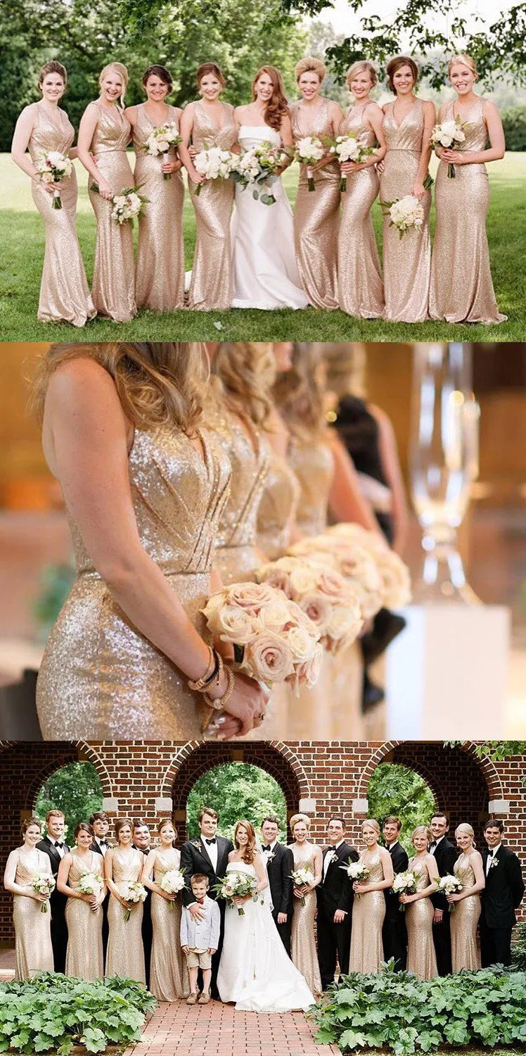 MACloth V Neck Sequin Long Bridesmaid Dress Sheath Formal Evening Gown