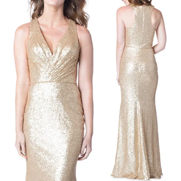 MACloth V Neck Sequin Long Bridesmaid Dress Sheath Formal Evening Gown