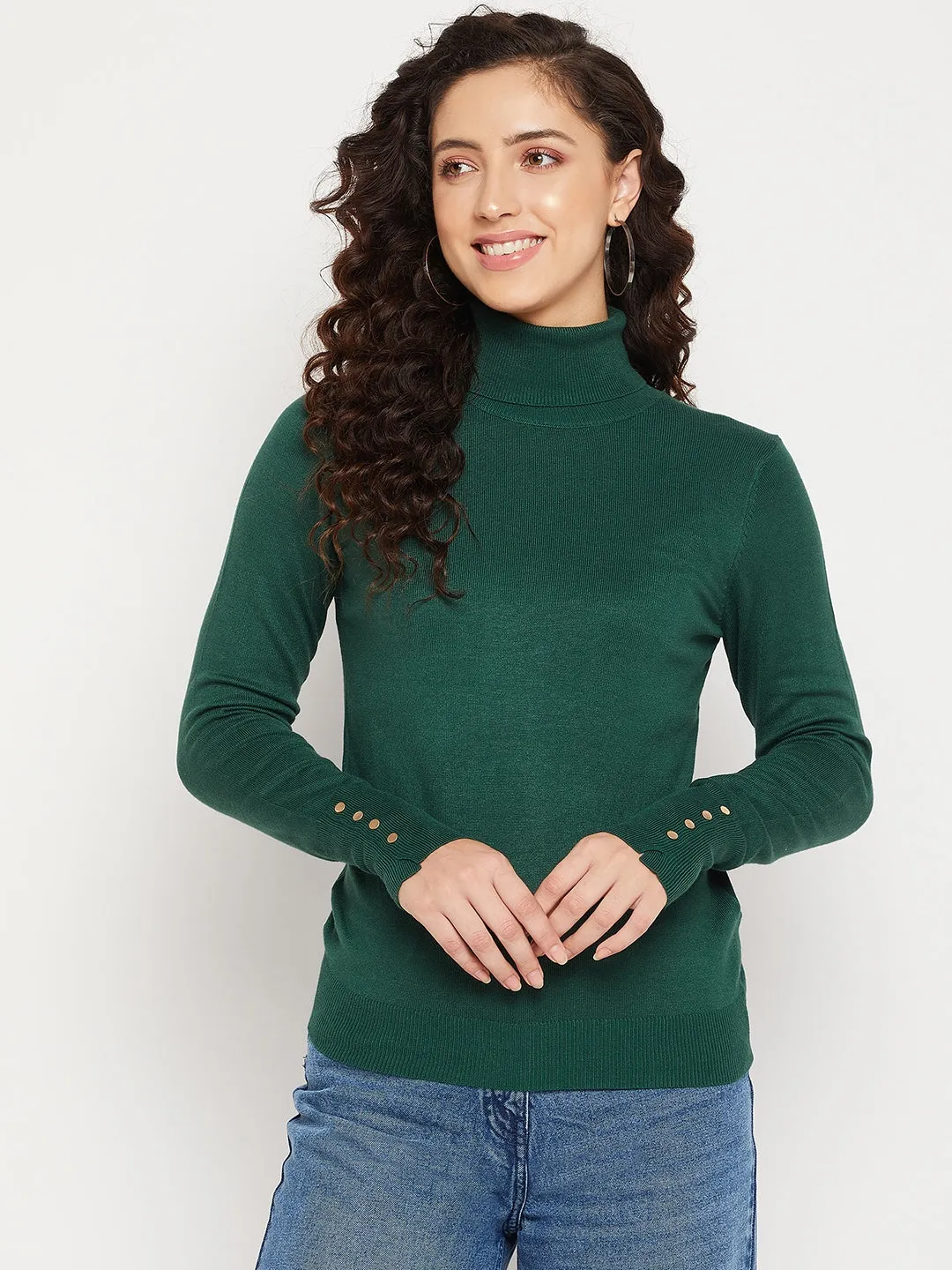 Madame Solid Bottle Green Turtleneck Sweater