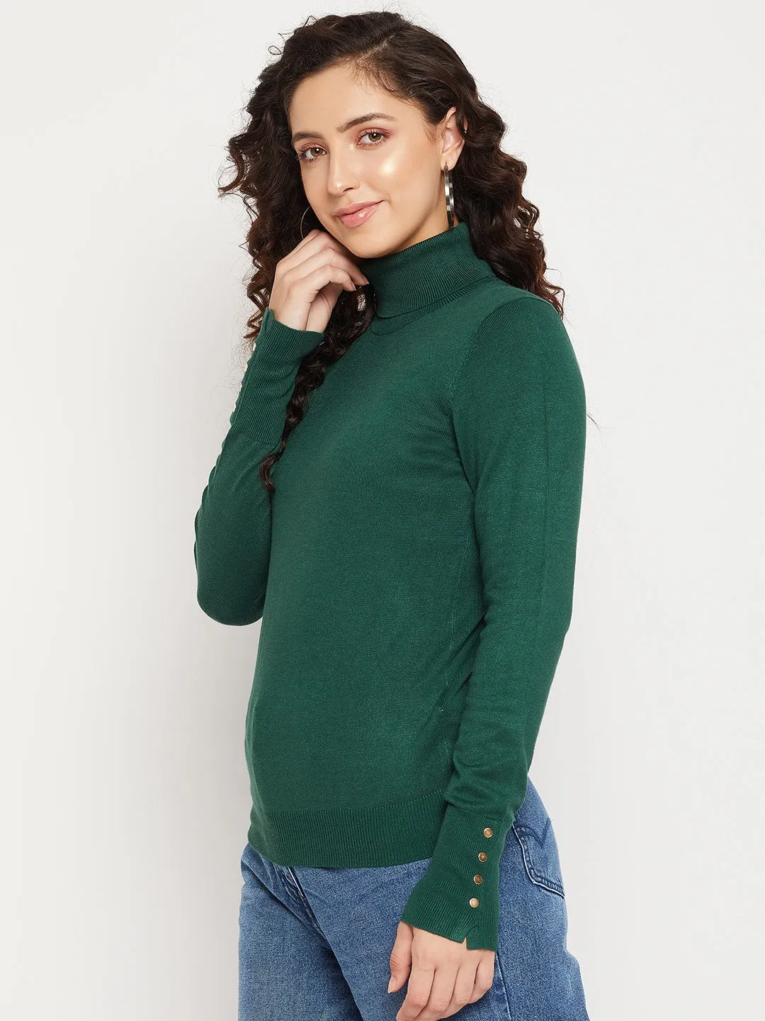 Madame Solid Bottle Green Turtleneck Sweater
