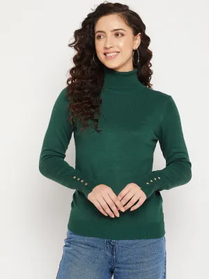 Madame Solid Bottle Green Turtleneck Sweater