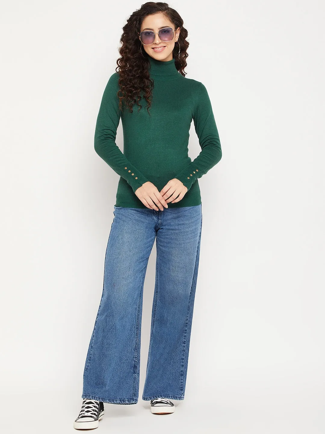 Madame Solid Bottle Green Turtleneck Sweater