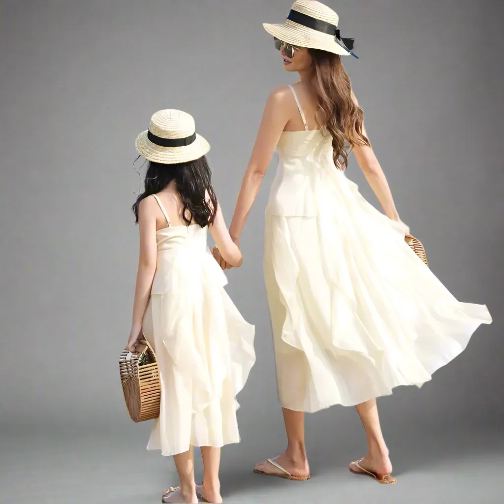Matching Mother and Daughter Beach Dresses  Elegant Cream Chiffon Maxi Dress Set