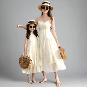 Matching Mother and Daughter Beach Dresses  Elegant Cream Chiffon Maxi Dress Set