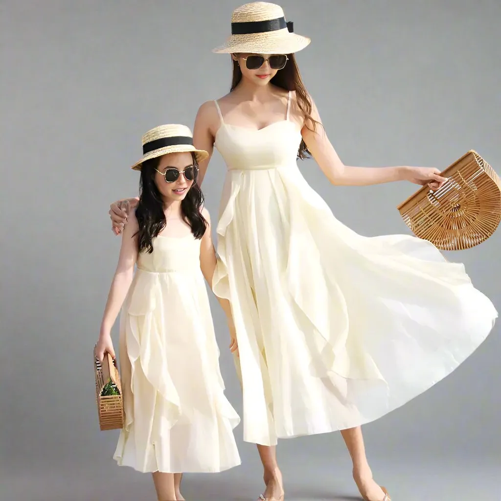 Matching Mother and Daughter Beach Dresses  Elegant Cream Chiffon Maxi Dress Set