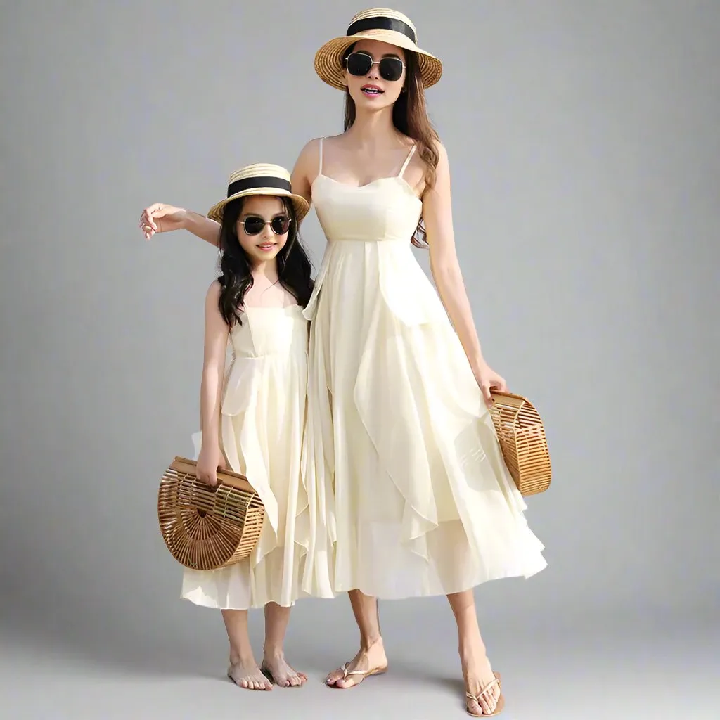 Matching Mother and Daughter Beach Dresses  Elegant Cream Chiffon Maxi Dress Set