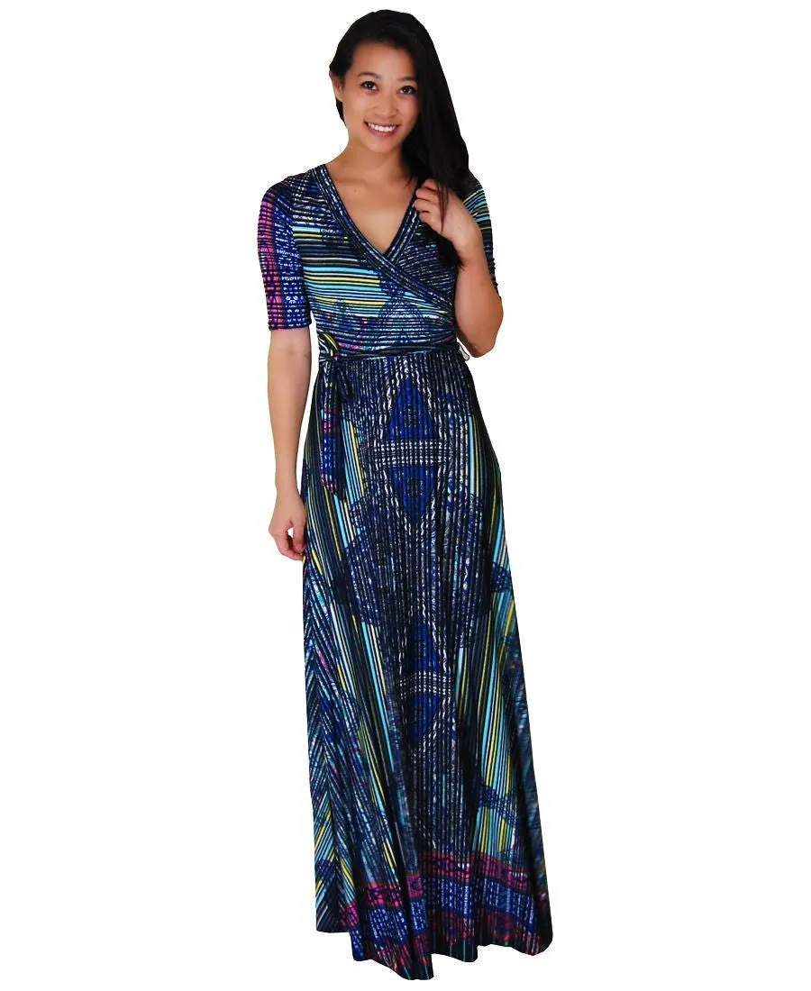 Maxi Dress with Sleeves Line Paisley Green Black