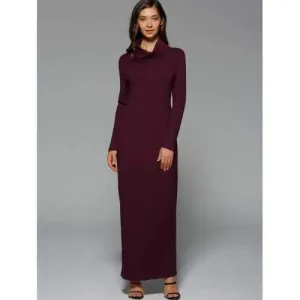 Maxi Slit Ribbed Long Sleeve Winter Dress - Wine Red L