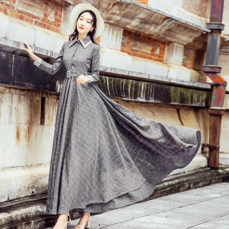Maxi Vintage Plaid Long Women Dress Woolen Gray Shirt Dresses