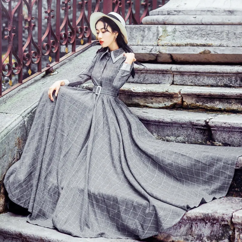 Maxi Vintage Plaid Long Women Dress Woolen Gray Shirt Dresses