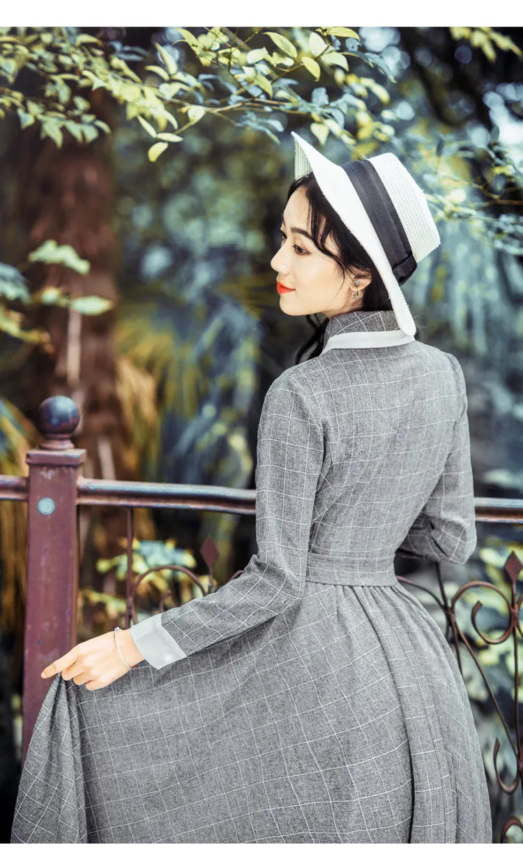 Maxi Vintage Plaid Long Women Dress Woolen Gray Shirt Dresses