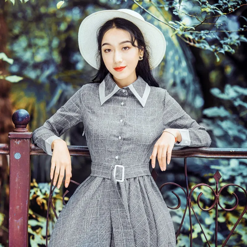 Maxi Vintage Plaid Long Women Dress Woolen Gray Shirt Dresses