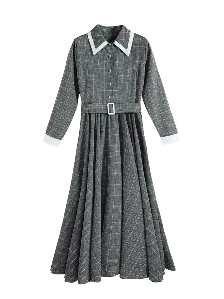 Maxi Vintage Plaid Long Women Dress Woolen Gray Shirt Dresses
