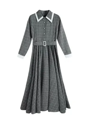 Maxi Vintage Plaid Long Women Dress Woolen Gray Shirt Dresses