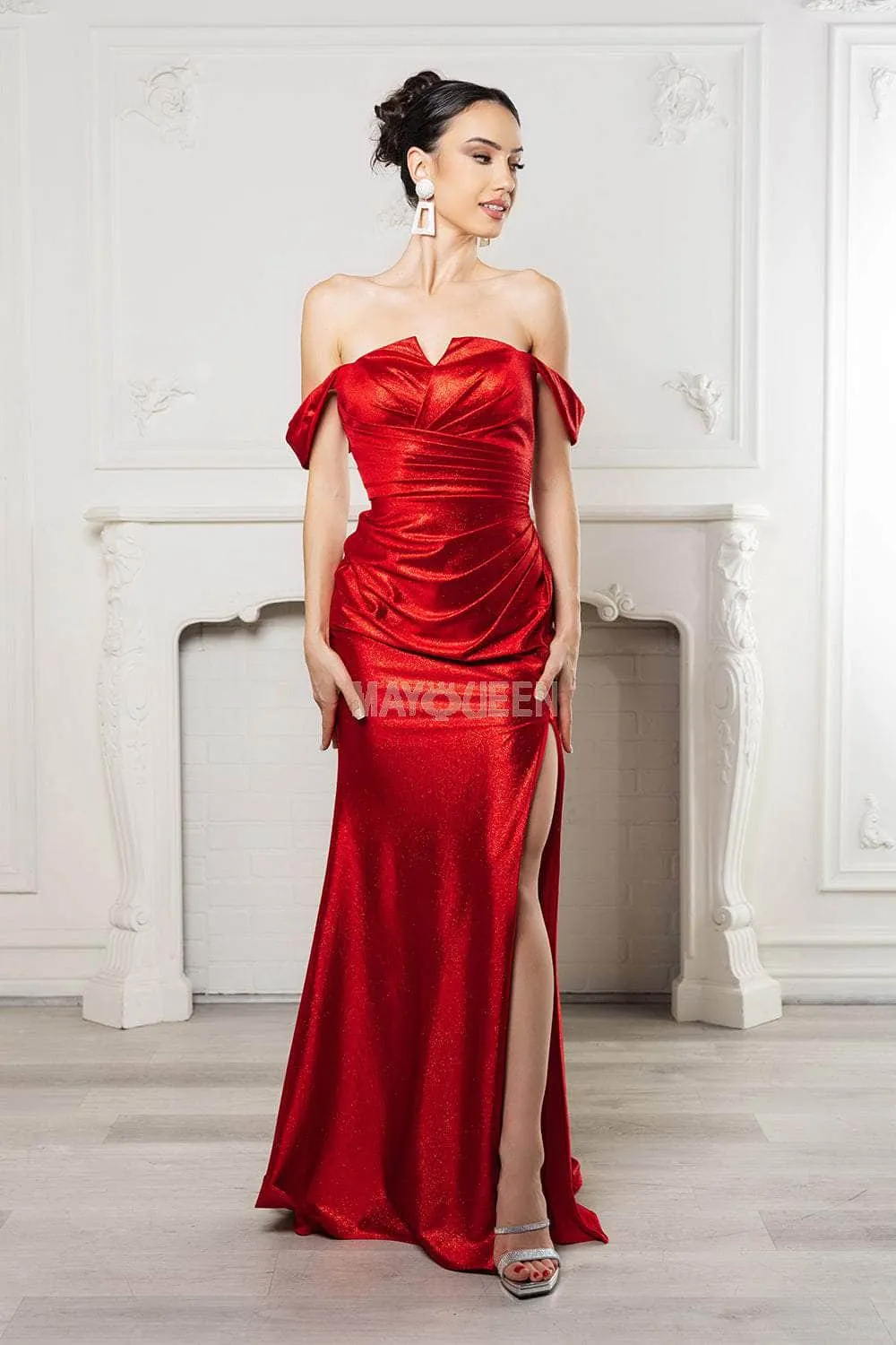 May Queen MQ2155 - Glitter Satin Off Shoulder Gown
