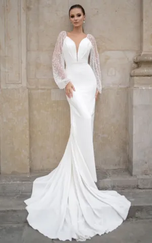 Mermaid Plunging Sparkly Sequins Illusion Sleeves Wedding Dress Sexy Deep-V Back Court Train Bridal Gown