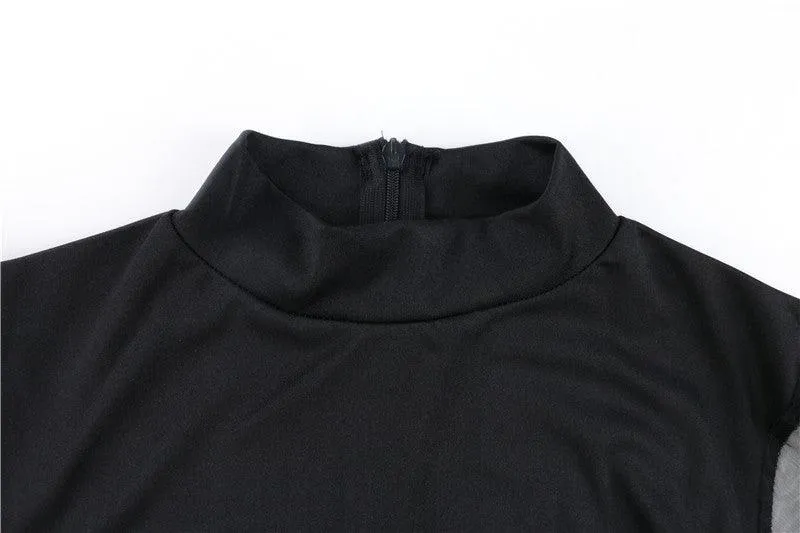 Mesh Puff Sleeve Bodycon Dress with High Neck, Back Split for Women's Club Outfits