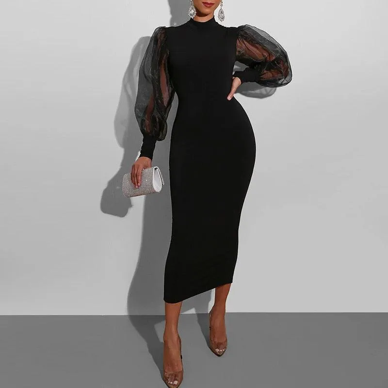 Mesh Puff Sleeve Bodycon Dress with High Neck, Back Split for Women's Club Outfits