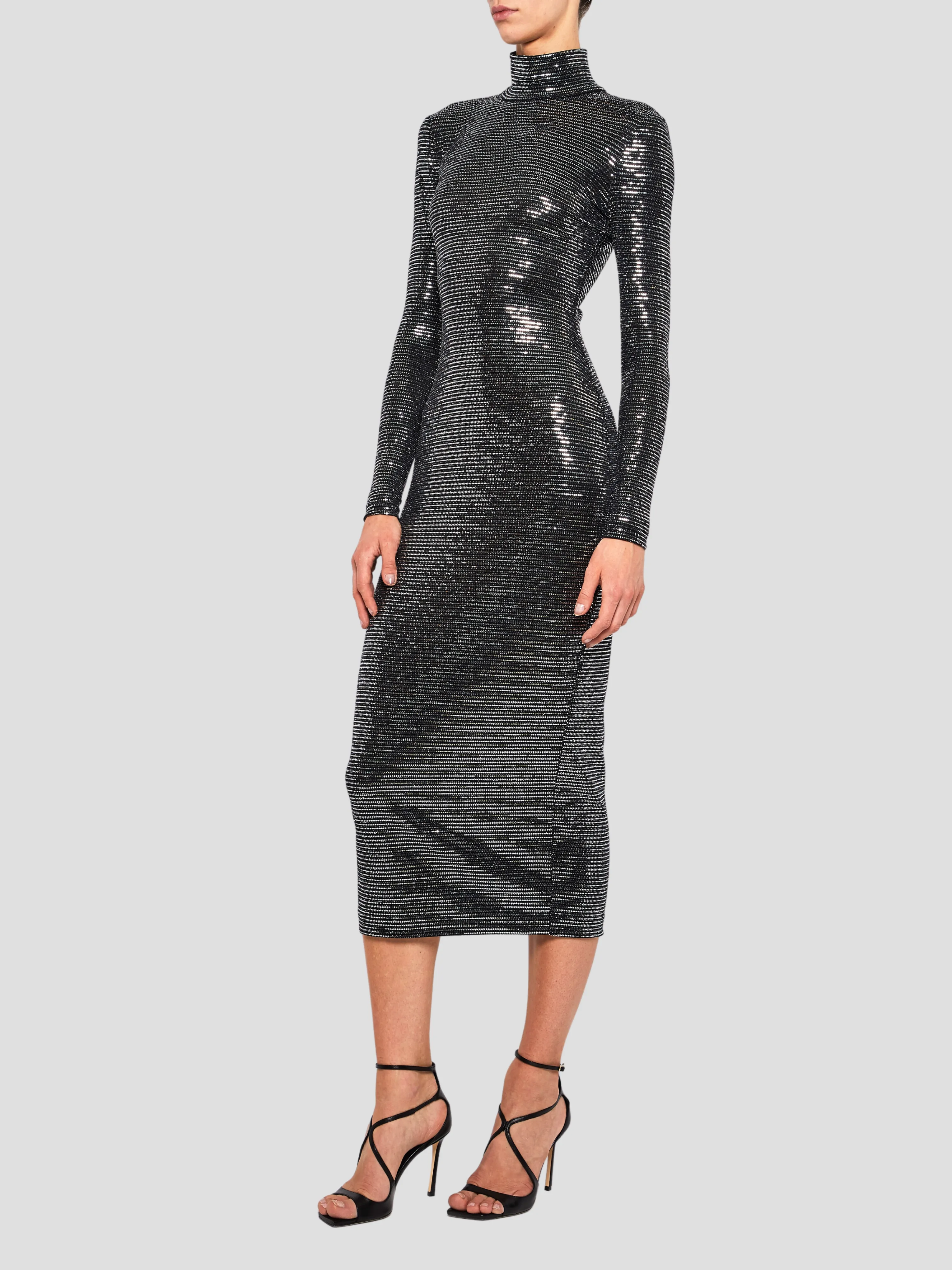 Metallic Jersey Midi Turtleneck Dress