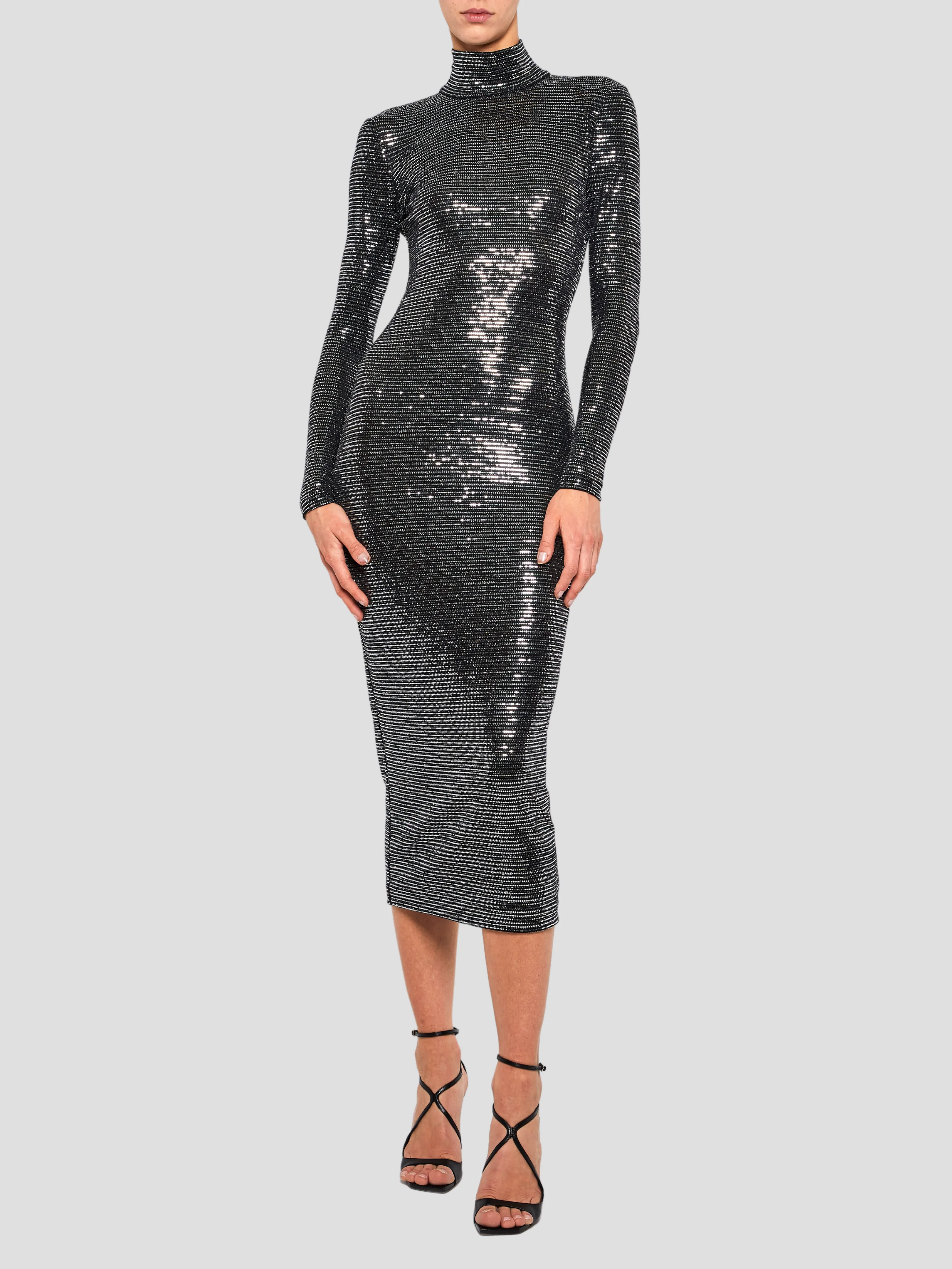 Metallic Jersey Midi Turtleneck Dress