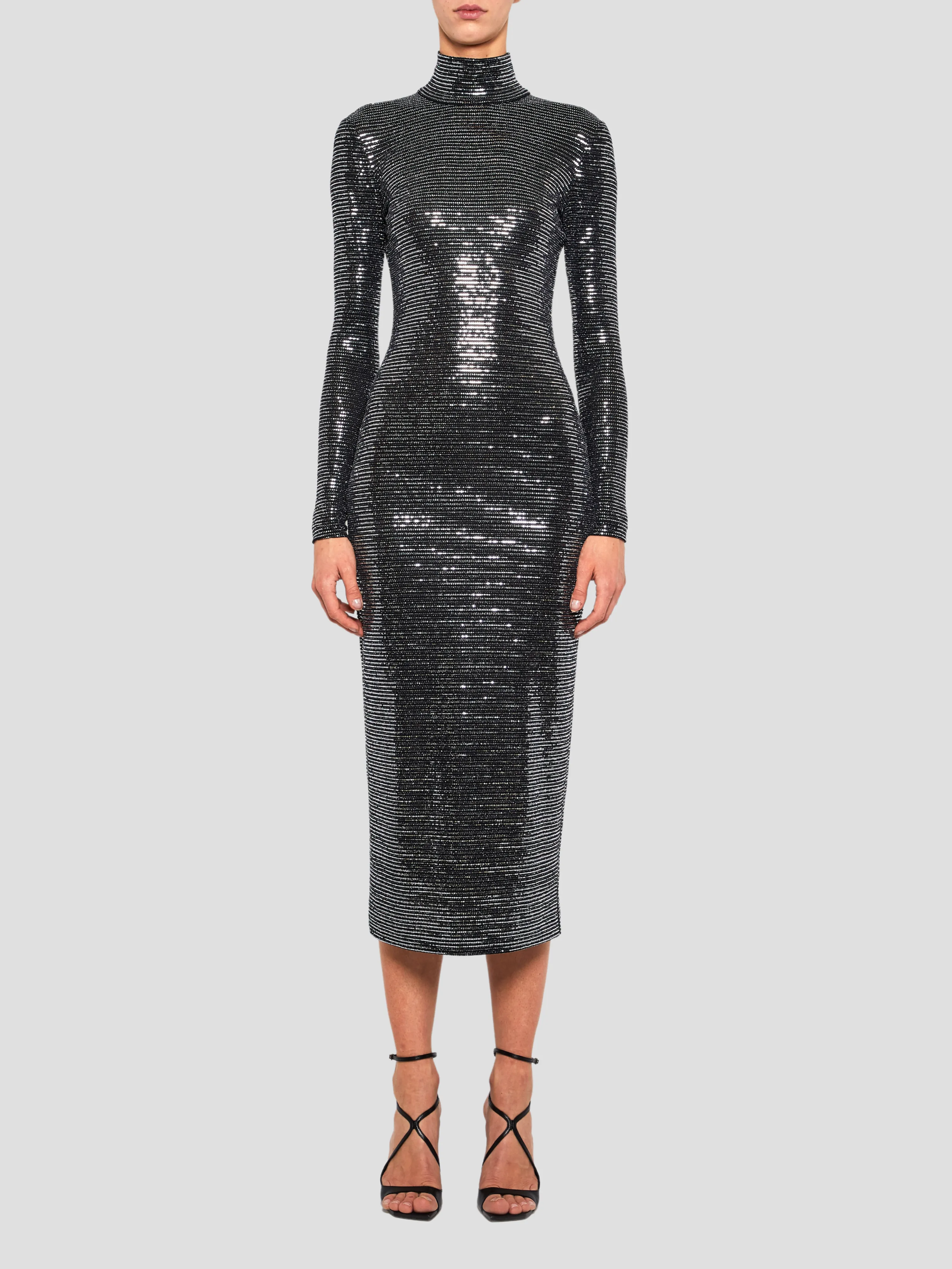 Metallic Jersey Midi Turtleneck Dress