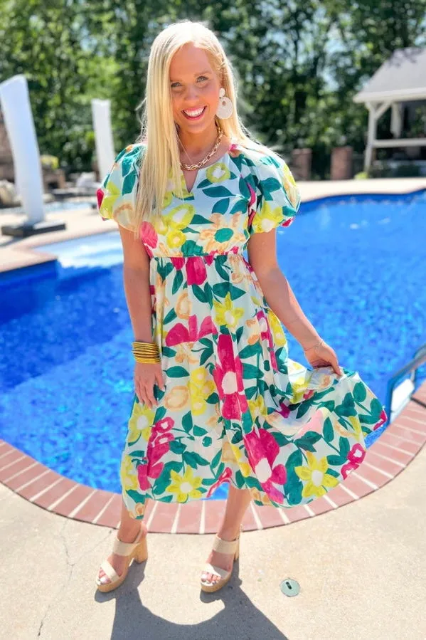 Mint Mix Floral Puff Sleeve Midi Dress