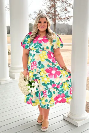 Mint Mix Floral Puff Sleeve Midi Dress