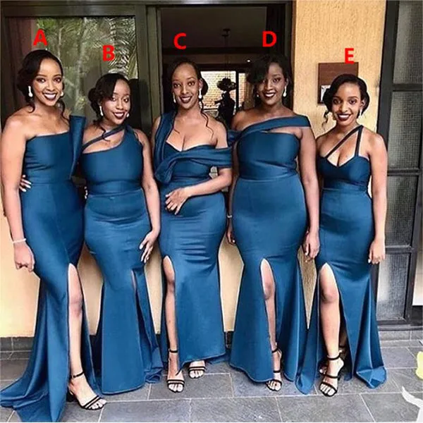 Mismatched Dark Blue Satin Sheath Side Slit Floor Length Long Bridesmaid Dresses, BDS0191