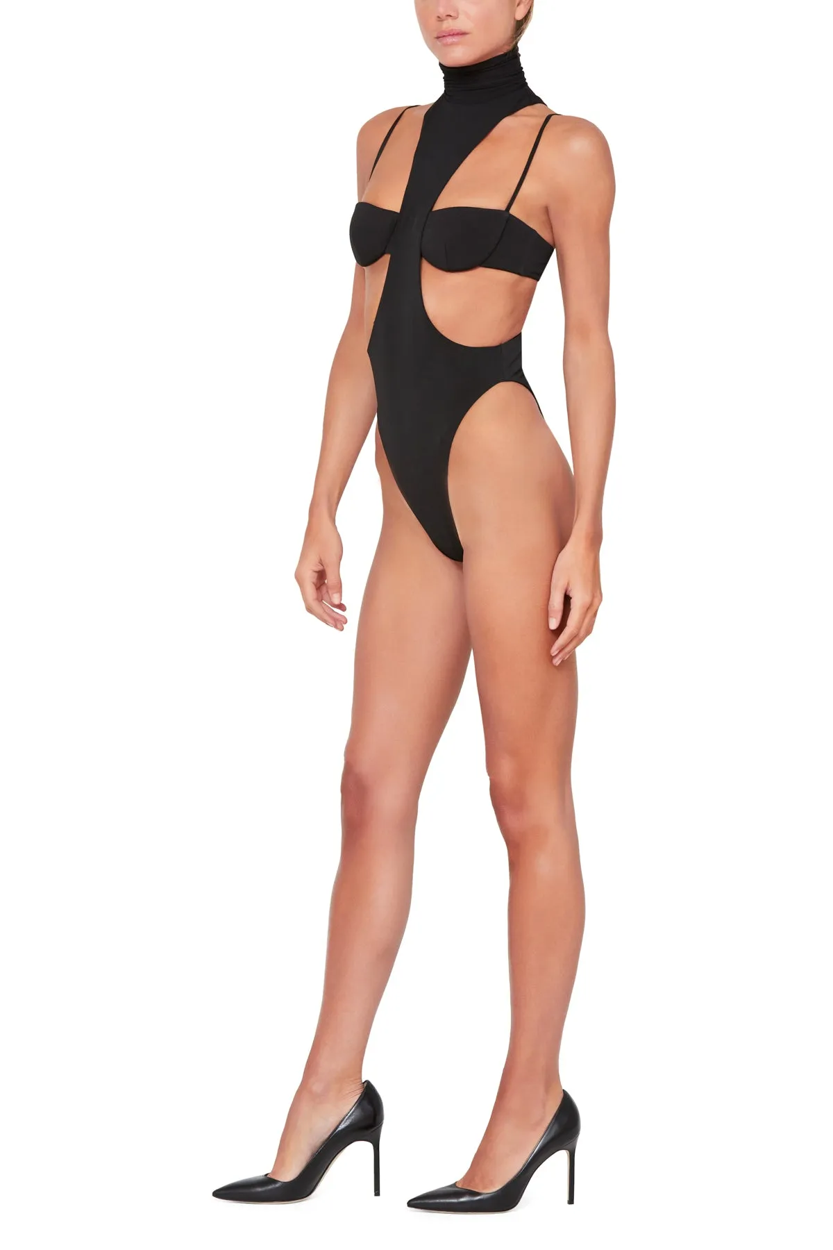 Mock Neck Bodysuit with Cut Out Bralette Detail