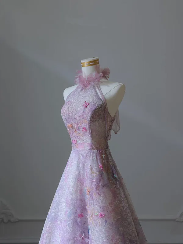 Modest A Line High Neckline Lilac Lace Tulle Flowers Evening Dresses Prom Dresses