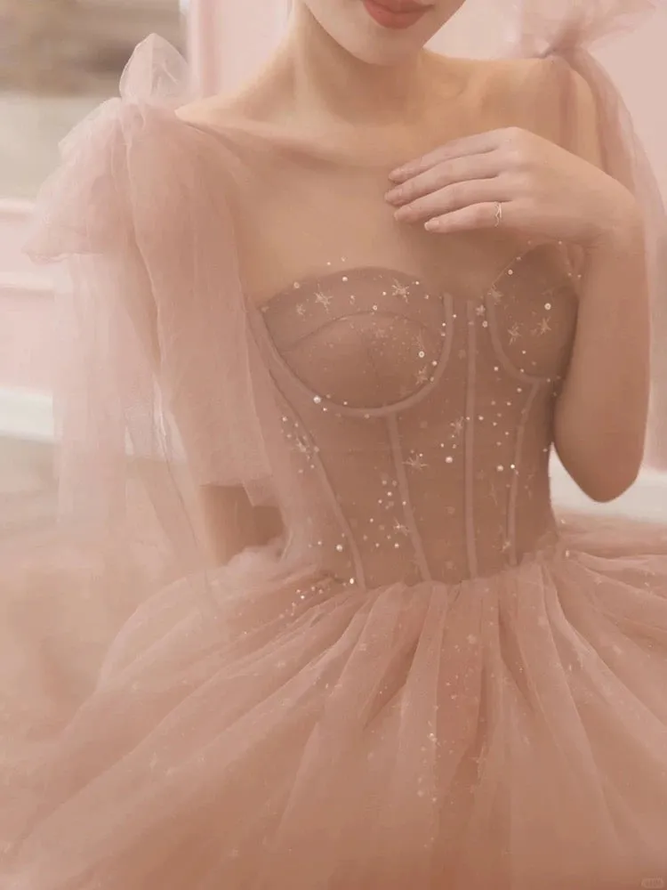 Modest A Line Spaghetti Straps Tulle Pink Evening Dresses Prom Dresses