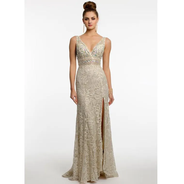 Modest Marvelous Lace V-Neck Sheath Prom Dresses With Rhinestones and Beads, PD1350