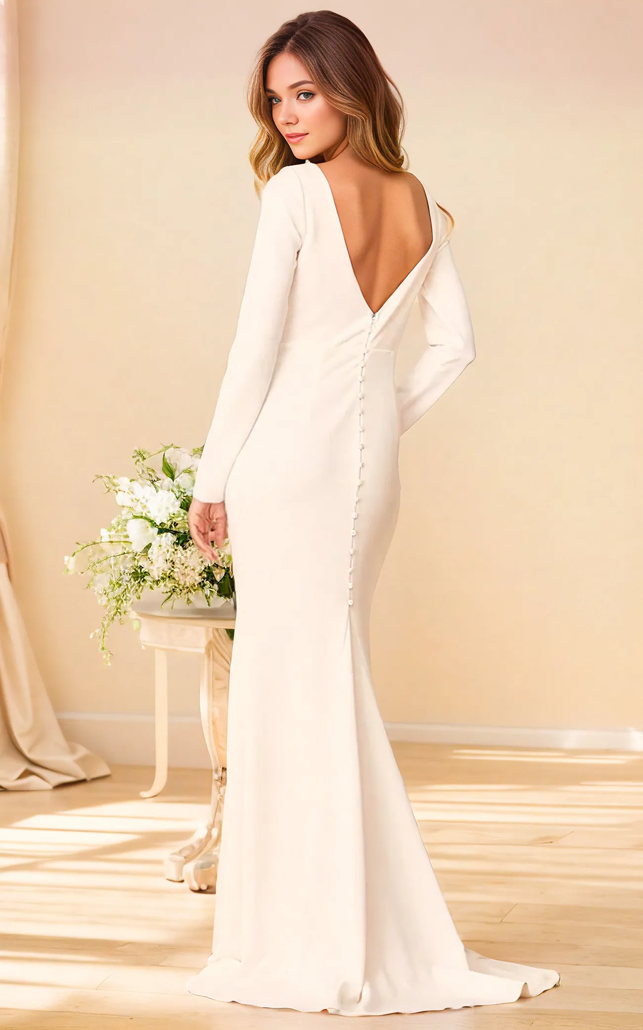 Modest Mermaid Long Sleeves Satin Wedding Dress Minimalist Simple Formal V-Neck Gown with Sweep Train