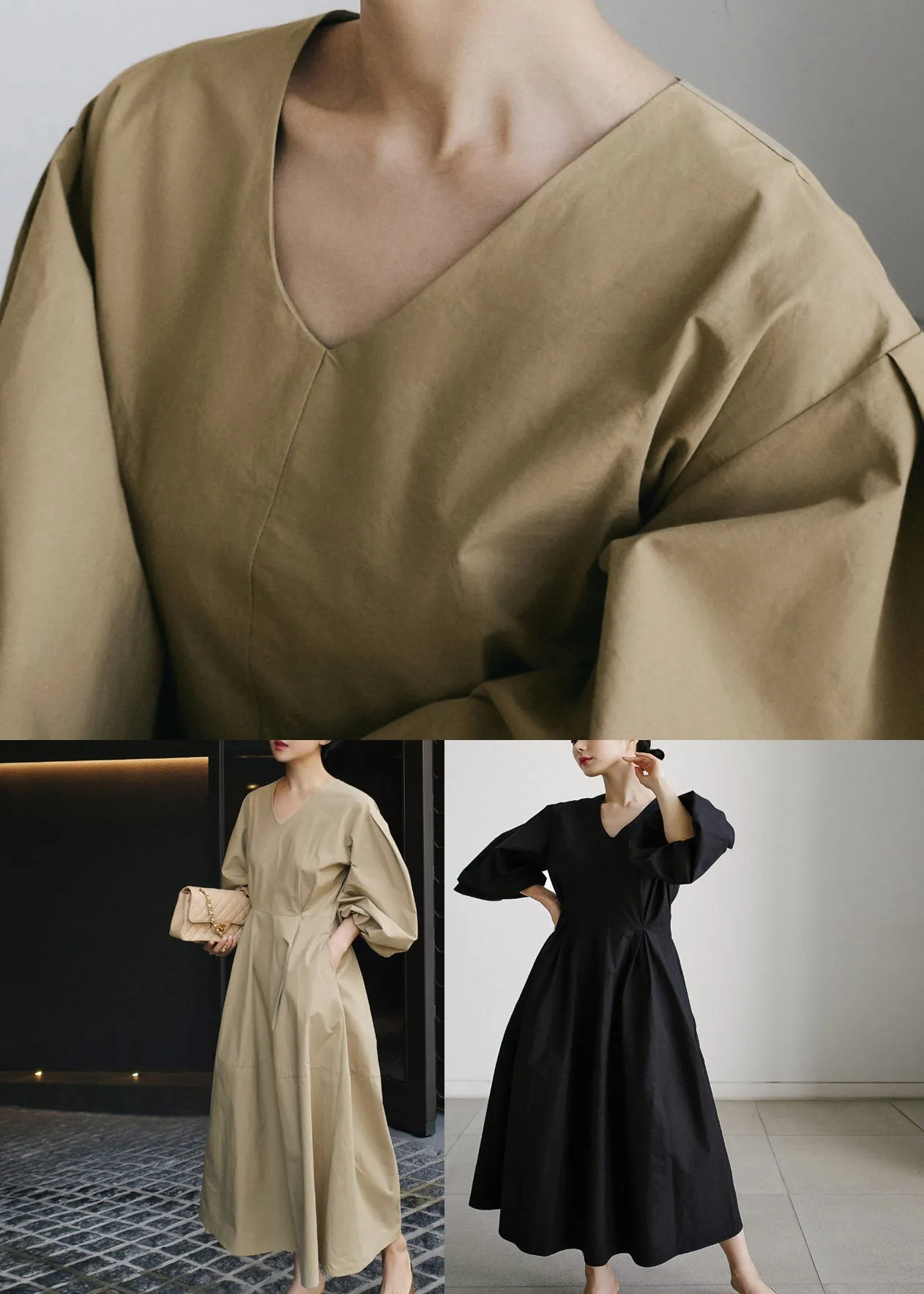 Moirella - Long sleeve patchwork dress with pointed neckline