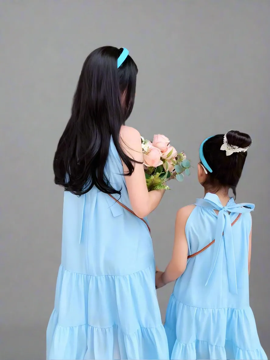 Mommy and Me Matching Light Blue Halter Neck Tiered Dresses