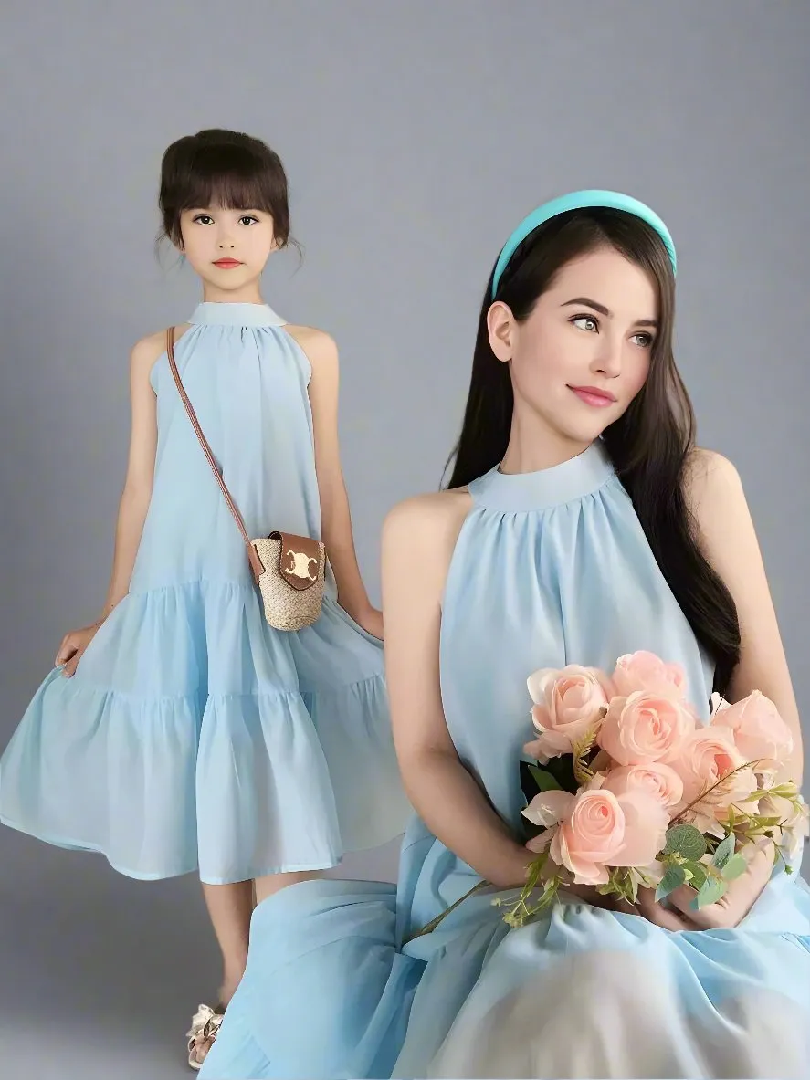 Mommy and Me Matching Light Blue Halter Neck Tiered Dresses