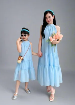 Mommy and Me Matching Light Blue Halter Neck Tiered Dresses