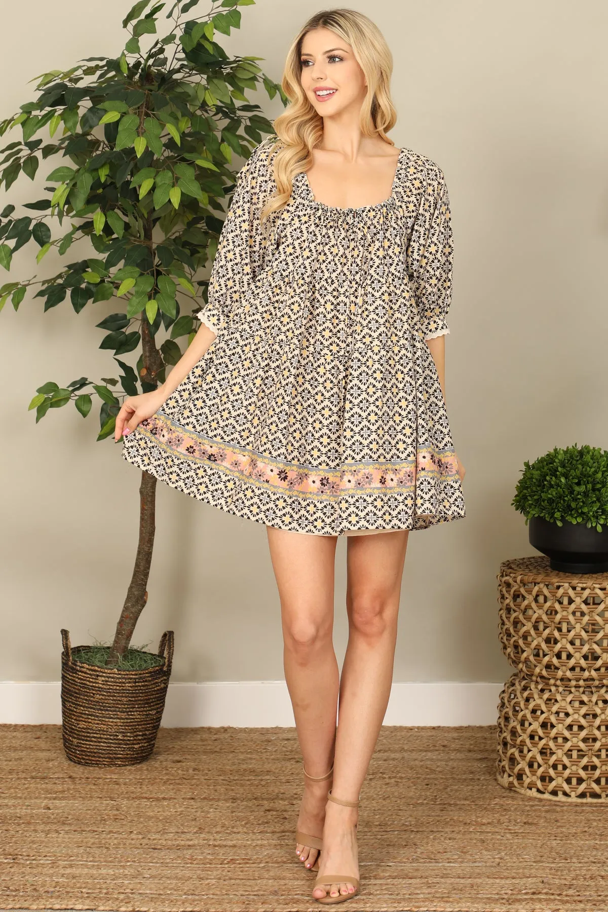 Multi Half Puff Sleeve Babydoll Mini Dress