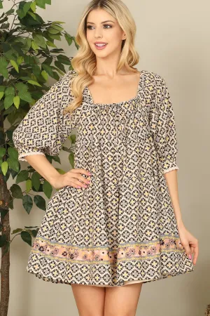Multi Half Puff Sleeve Babydoll Mini Dress