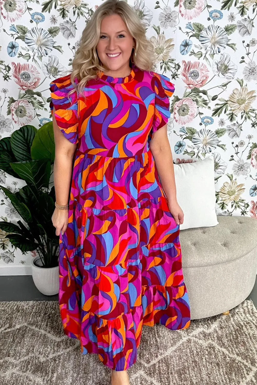 Multicolour Plus Abstract Print Ruffled Mock Neck Tiered Maxi Dress