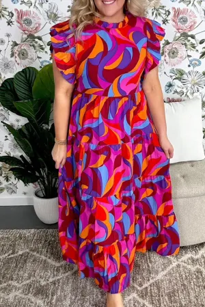 Multicolour Plus Abstract Print Ruffled Mock Neck Tiered Maxi Dress