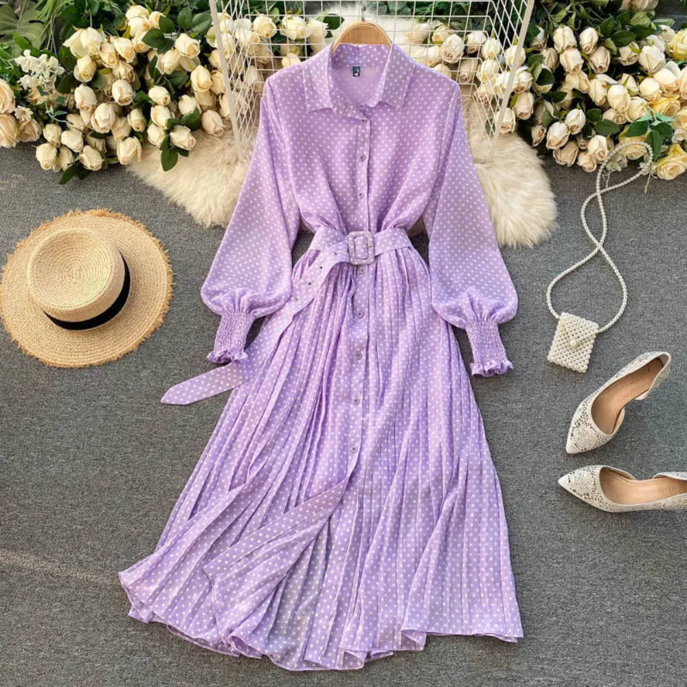 Nana - Airy Pleated Dress with Dots and Lantern Sleeves