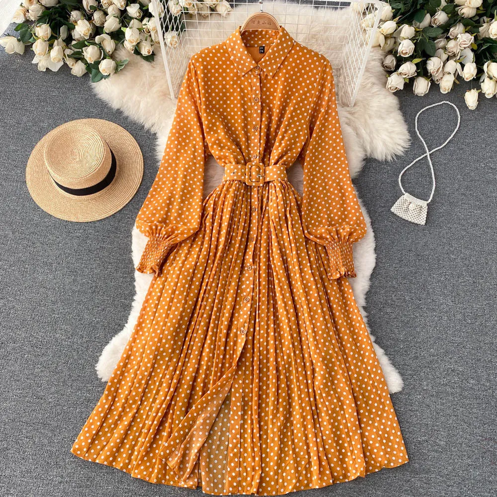Nana - Airy Pleated Dress with Dots and Lantern Sleeves